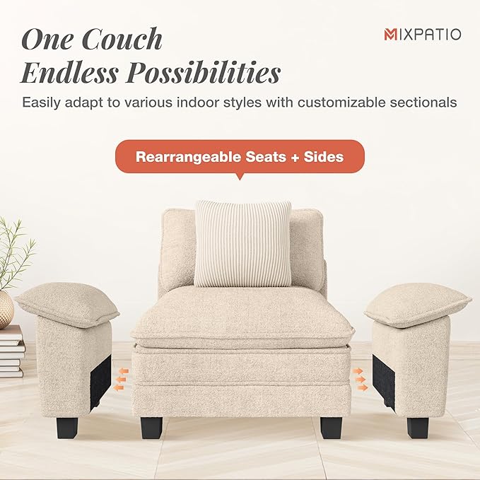 53.5" Cloud Modular Sectional Single Sofa, Deep Seat Armchair with Plush Chenille & Removable Arms for Living Room, Beige