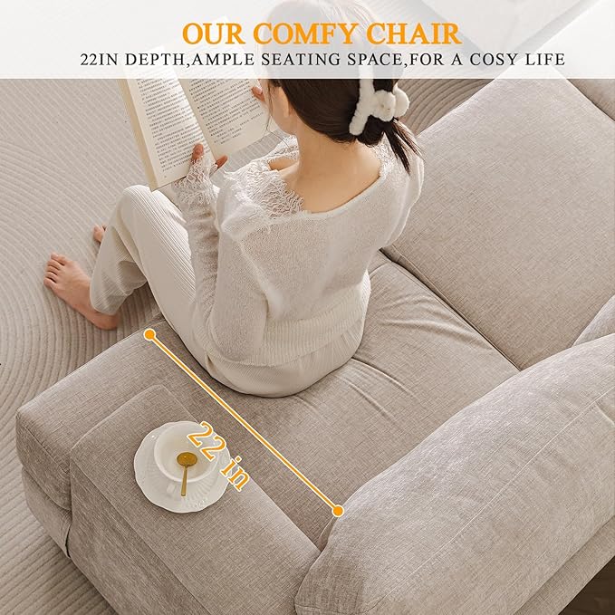 85'' L Shaped Couch with Armrest Organizer,3 Seats Sofas with Movable Ottoman,Comfy Sectional Sofa with Thick Cushion,Chenille Sectional Couches for Living Room,Bedroom,Apartment,Home Furniture,Khaki
