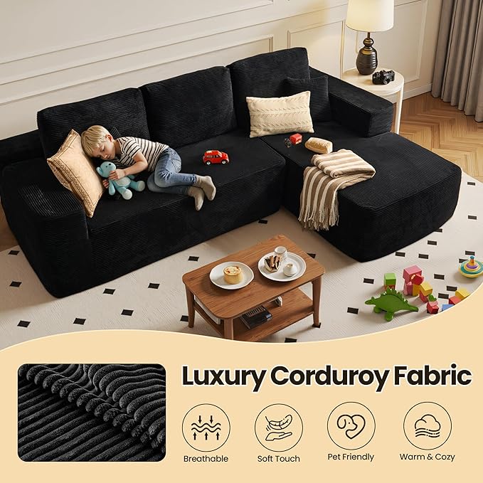 104" Cloud Sectional Couch with Chaise, Boneless L-Shaped Cloud Couch with Deep Seat, Corduroy Modern Minimalist Sofa, Assembly Free Comfy Sofa for Office Living Room Apartment(Black, Right Chaise)