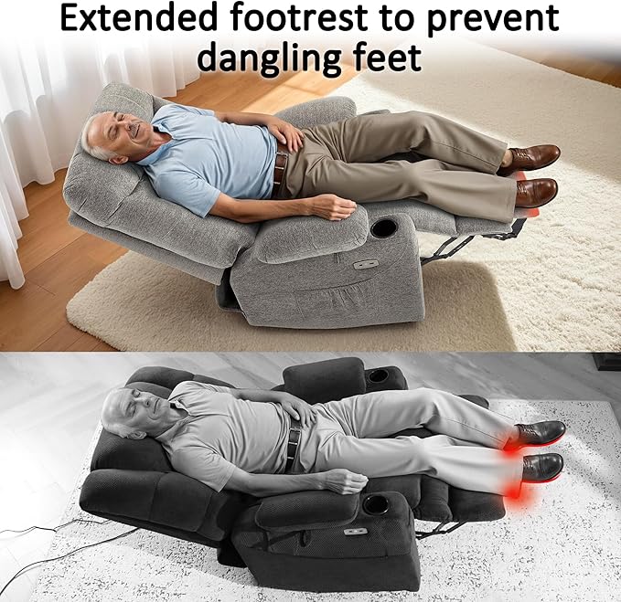 MCombo Oversized Power Lift Recliner Chair with Extended Footrest for Elderly People, Fabric R7289 (Light Grey, Medium-Oversize)