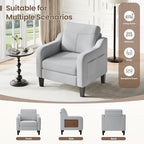 Accent Chair for Living Room Modern Linen Upholstered Armchair Side Wooden Fabric Sofa Chair with Foldable Table 2 Side Pockets Comfy Reading Chair for Bedroom