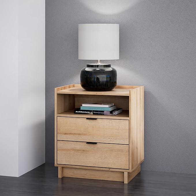 Prepac Simply Modern Nightstand Bedside Table, Natural Oak Nightstand for Bedroom, End Table with 2 Drawers and Open Shelf 23.75" W x 26.75" H x 16" D