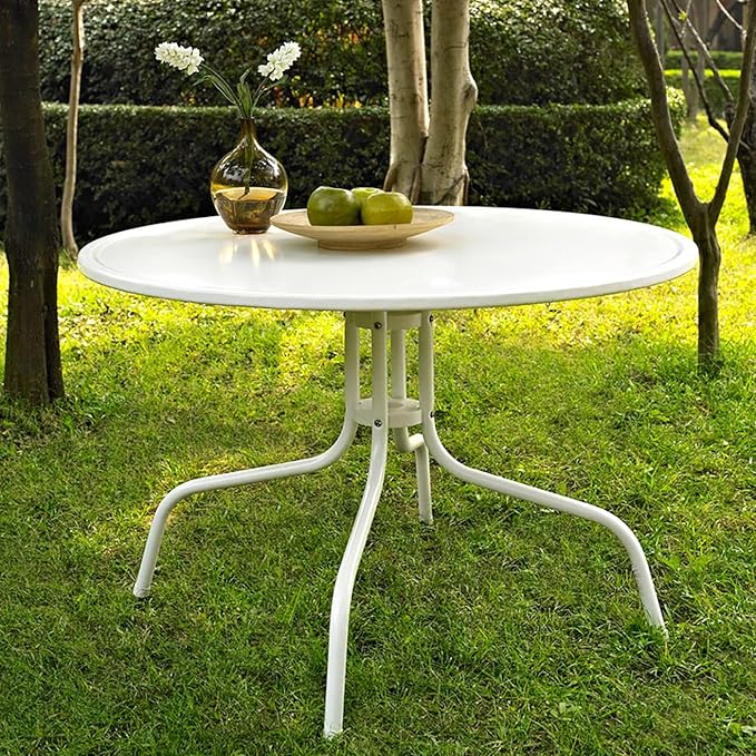 Crosley Furniture Griffith Retro Metal Round Outdoor Dining Table with Umbrella Hole for Outside Patio, Alabaster White