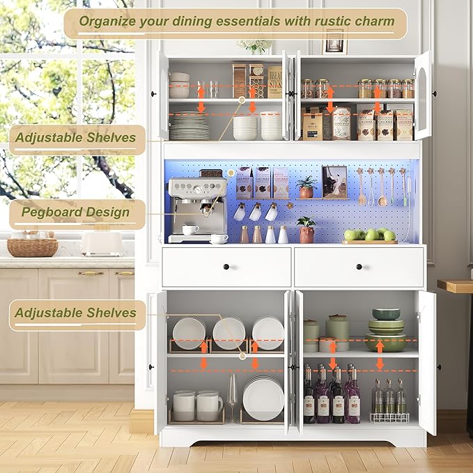 70" Pantry Cabinet with Pegboard, Kitchen Pantry Storage Cabinet with Shelves & Drawer, Adjustable Shelves, LED Light & Power Outlets for Dining Room (White)