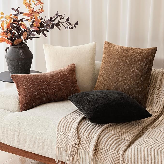 Foindtower Set of 2 Soft Textured Chenille Throw Decorative Pillow Covers Square Accent Solid Cushion Cover Cozy Neutral Farmhouse Pillow Case for Couch Sofa Bedroom Living Room 16x16 Inch,Dark Bronze