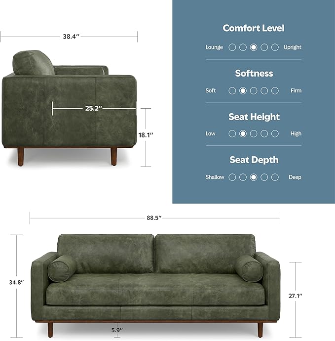 SIMPLIHOME Morrison 89-inch Wide Sofa in Moss Green Genuine Leather, Mid-Century Modern Design Couch for Living Room, Single Bench Cushion, 2 Back Cushions, 2 Bolster Pillows