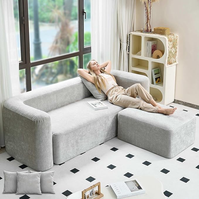 Modern One-Piece Foam Sofa with Ottoman, No Assembly Required, Ergonomic Design Couch, Eco-Friendly Chenille Fabric, Modular DIY Combination Sectional for Living Room, Apartment & Lounge (Light Gray)