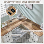 T4TREAM 59" Executive L Shaped Desk with Drawers,Farmhouse Wood Computer Coner Desk, Featuring Charging Station,File Drawer, Storage Cabinet,for Home Office Work and Study (Antique White)