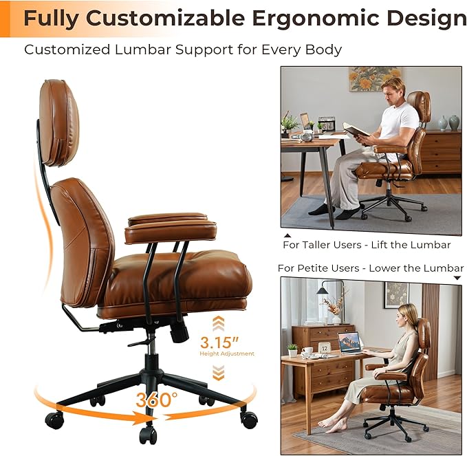 Ergonomic Office Chair Comfy with Lumbar Support, High Back Dark Brown PU Leather Rolling Executive Desk Chair for Home Office & Gaming, 360° Swivel, 300lbs (Light Brown)