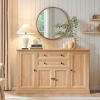 Farmhouse 58" Buffet Cabinet with Storage, 34" Tall Sideboard Cabinet w/2 Large Drawers & 4 Grooved Barn Doors, Wood Rustic Sideboard for Dinning Room, Kitchen, Living Room,Natural