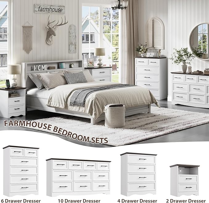Nightstand with Charging Station, Farmhouse End Table with 2 Drawers Storage and Open Shelf, Wood Cabinet with Unique Base Design, Bedside Table for Bedroom, Living Room, White