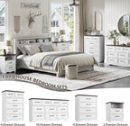 Nightstand with Charging Station, Farmhouse End Table with 2 Drawers Storage and Open Shelf, Wood Cabinet with Unique Base Design, Bedside Table for Bedroom, Living Room, White