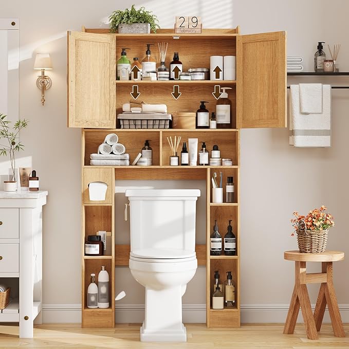 Vabches Farmhouse Style Rattan Over-The-Toilet Storage Cabinet with 2 Rattan Doors, Toilet Paper Holder - Space-Saving Oak Bathroom Organizer.