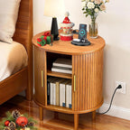 Nightstand with Charging Station, Fluted Accent Side Table with Sliding Door & Adjustable Shelf, Mid-Century Modern End Table for Small Space, Living Room, Bedroom (1, Yellow Walnut)