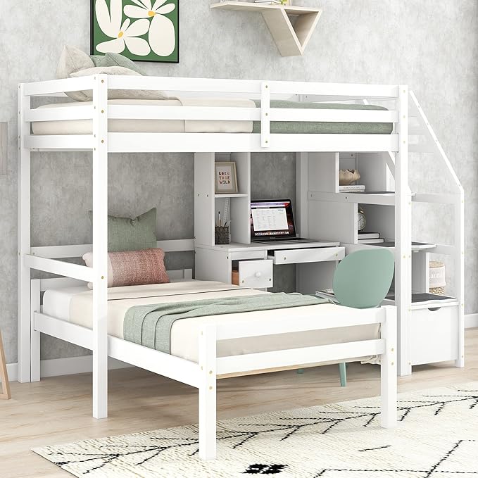 Twin Size Solid Wood Loft Bed with Storage Staircase and Desk, Bedroom Multifunctional Separable Bed Frame w/Shelves & Drawers,No Box Spring Needed,for Adult Kid Boy Girl,White