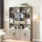 70in Tall Bookshelf 6 Tier Bookcase with Barn Doors and Adjustable Shelf, Oak Grey Farmhouse Book Shelves with Storage Cabinet, Wood Floor Standing Display Bookshelve for Bedroom, Living Room