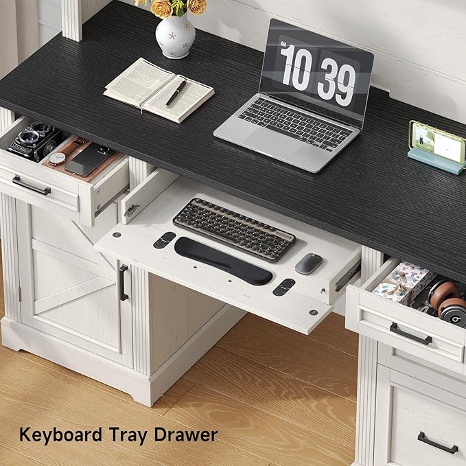ONBRILL 72" H Farmhouse Executive Desk with Hutch, Office Desk, Computer Desks with Charging Station, Computer Workstations with 5 Drawers and Storage Cabinet for Home, Office, Off White & Black