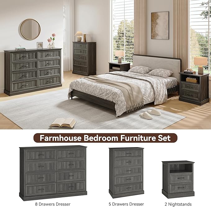 Farmhouse Dresser and Nightstand Sets, 4Pcs Bedroom Furniture Set, Nightstand Set of 2 & 55" Wide 8 Drawer and 44" Tall 5 Drawer Dresser with Large Drawers & Bar Handles, Grey