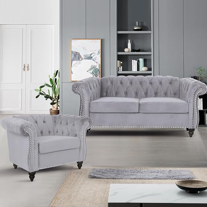 Velvet Sofa Couches Set, 3-Piece Mid Century Modern Upholstered Couch with Cushions, Home Sofa Sectional Furniture Sets, Comfy Tufted Chesterfield Couches for Living Room, Bedroom, Office