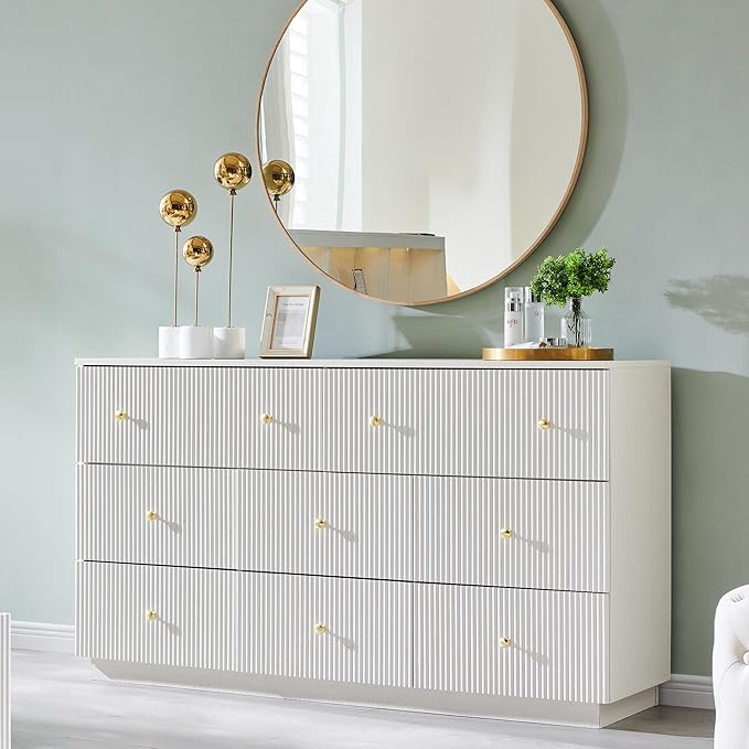 Fluted Dresser for Bedroom, 55" W White 8 Drawer Dressers, Wood Tall Dresser Storage Organizer, Modern Bedroom Chest of Drawer with Deep Storage for Closet Hallway, Entryway, Living Room White