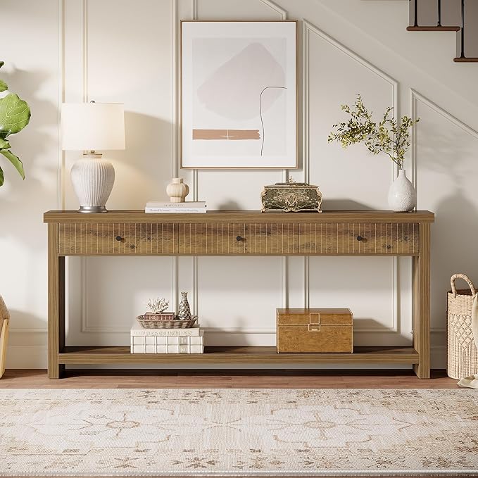 Tribesigns 70.9-Inch Extra Long Entryway Table with 3 Drawers, Sofa Console Table with Open Storage Shelves, Wooden Couch Foyer Tables for Living Room Hallway Entrance