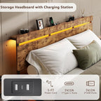 Forestell King Size Bed Frame with Wood Headboard, Metal Platform Bed with 3 Storage Drawers & Shelf, Built-in Charging Station & LED Lights, No Box Spring Needed, Vintage Brown, Camas King