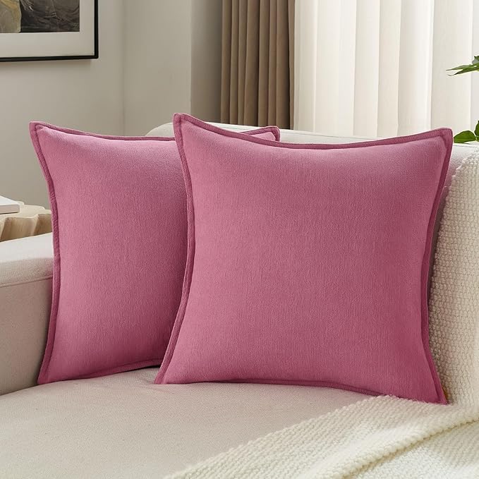 FUTEI Hot Pink Chenille Throw Pillow Covers 26x26 Inch Set of 2,Edges Double-Stitched Euro Pillow Shams,Modern Home Decor for Couch Living Room