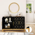 HLR Accent Cabinet with 4 Doors&Shelves, Sideboard Buffet Cabinet with Gold Trim, Modern Black Storage for Living Room, Entryway, Kitchen, Dining Room, Hallway