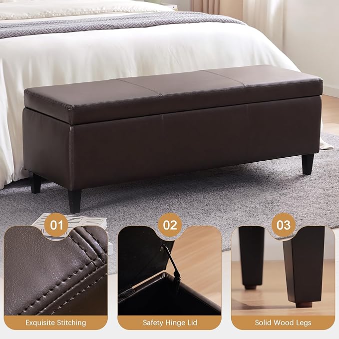 HUIMO Faux Leather Storage Ottoman Bench 50.3 Inch Extra Long PU Upholstered Bedroom Bench with Large Storage Space for The Living Room, Entryway, Bedroom Hold Up to 300lbs (Brown)
