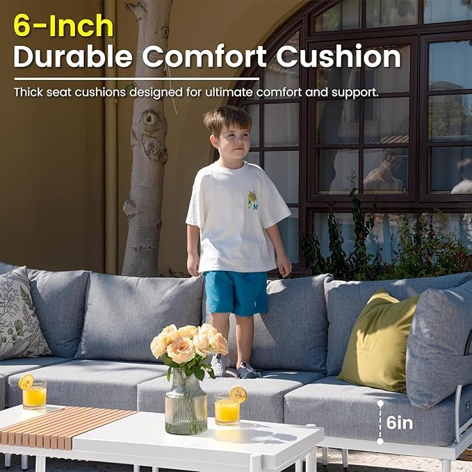 Sundale Outdoor 3 Pieces Patio Furniture Set, Metal Outdoor Sectional Sofa with 6 Inch Olefin Cushion and Coffee Table, All-Weather Modern Outdoor Conversation Sets (Wihte Frame)