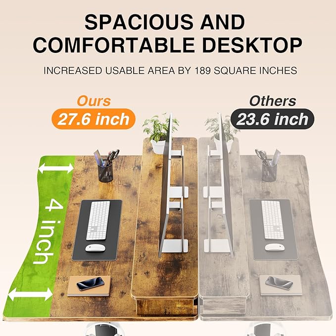 Veken 47.2"×27.6" Standing Desk with Storage Drawers, Adjustable Height Computer Table with Monitor Shelf, Home Office Desk for Study, Gaming, Workstation, Brown