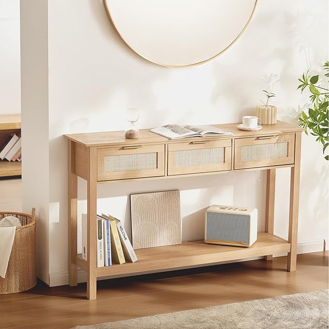 VEVOR Rattan Console Table, Entryway Table with 3 Storage Drawers, Hallway Table with Natural Rattan Sliding Door, Console Sofa Table for Living Room, Study, Entryway Or TV Wall, Natural