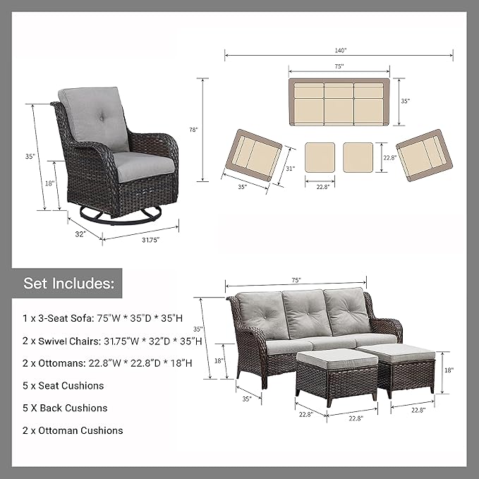 HUMMUH Patio Furniture 7 Pieces Outdoor Furniture Set PE Wicker Patio Couch with Swivel Glider Chairs,Patio Ottomans,Side Table