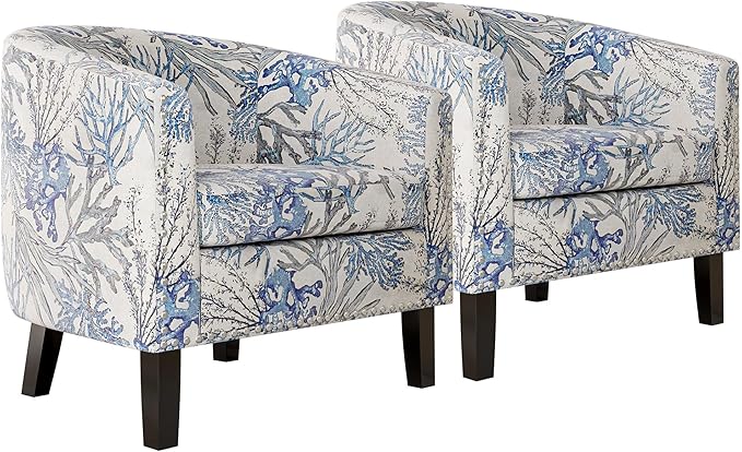 BELLEZE Accent Barrel Chair, Set of 2 Modern Faux Leather Tub Club Chair Upholstered Armchair with Gold Nail Head Trim and Black Legs for Living Room Bedroom Apartment Lounge - Blue Coral