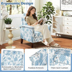 GOFLAME Floral Accent Chair, Comfy Upholstered Armchair with Rubber Wood Legs and Thick Padded Cushion, High Back Single Sofa Chair, Reading Side Chair for Living Room, Bedroom, Blue
