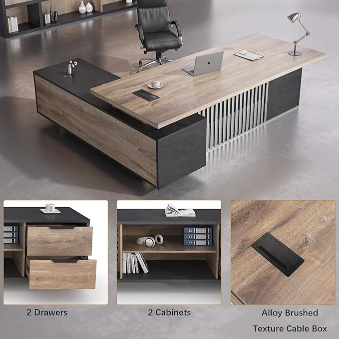 70.86 inch Inch Large Executive Desk with Drawers Cabinet, L Shaped Office Desk, Computer Desk with Universal Charging Ports and Cable Management for Business Furniture Set Workstation for Home Office