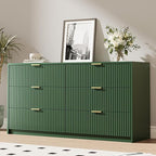 Green 6 Drawer Dresser for Bedroom, 55" Wide Modern Chest of Drawers with Gold Metal Handles, Fluted Wood TV Stand for Living Room, Hallway