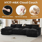 HYJT-H&K 124" U Shaped Cloud Couch Sectional, Comfy Fluffy Chenille Black Sectional Couches for Living Room, Modern Modular Sectionals Sofa with Central Console Double Chaise Lounge Black