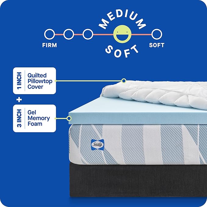 Sealy Dreamlife 3” Gel Memory Foam Twin XL Mattress Topper with 1” Quilted Cooling Cover, SealyComfort Gel Foam, SealyCool Poly Blend Cover