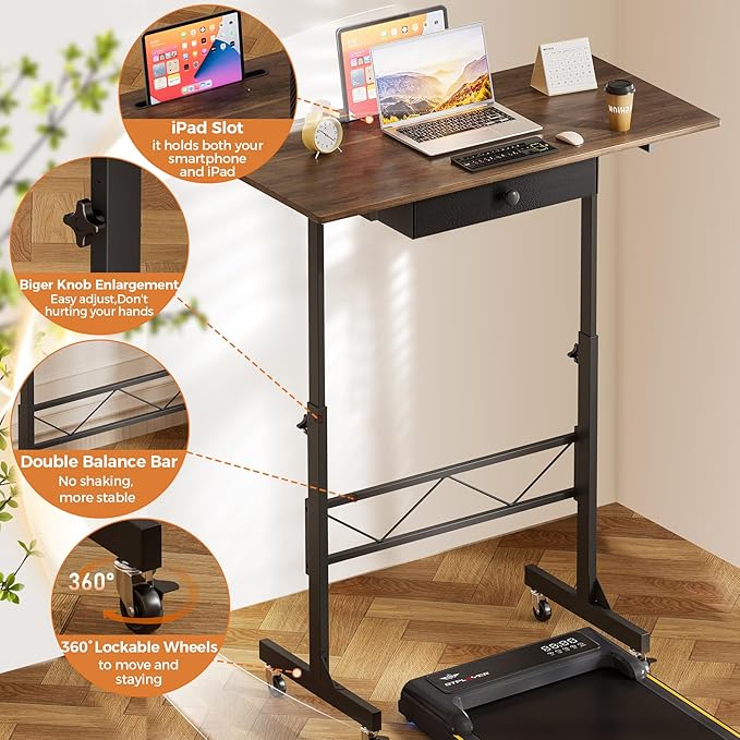 COMHOMA Small Standing Desk Adjustable Height Small Computer Desk Mobile Portable Rolling Laptop Table with Wheels 32" Computer Workstation Sit Stand Desks Portable Standing Table Treadmill desks