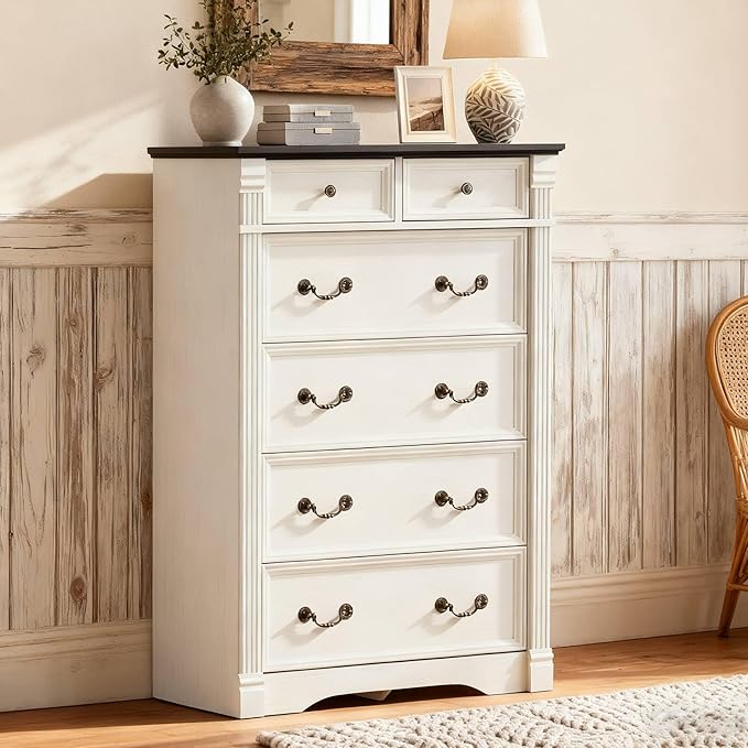 Yaamizz Farmhouse Dresser for Bedroom, 47" Tall 6 Drawer Dresser Storage with Wood Pilasters and Metal Handles, Vintage Design, Drawer Organizer for Bedroom, Hallway, White