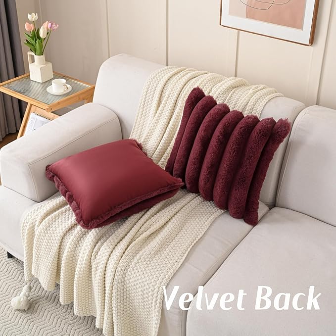 FUTEI Christmas Burgundy Decorative Throw Pillow Covers 26x26 Inch Set of 2, Square Soft Faux Rabbit Fur Thick Striped Euro Pillow Shams,Winter Home Decor for Couch Bed Living Room