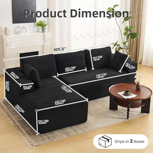 107" Boneless Couch, Sectional Couchs for Living Room & Bedroom, Cloud Couch with L-Shape Chaise Modern Modular Sofa with Deep Seat, No Assembly Required (Jet Black)