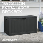 Suncast 134-Gal. Waterproof Resin Extra-Large Outdoor Patio Deck Box with Pad-Lockable Lid, Modern Outdoor Patio Bench/Storage Box for Cushions, Garden Tools, and More, Iron Ore