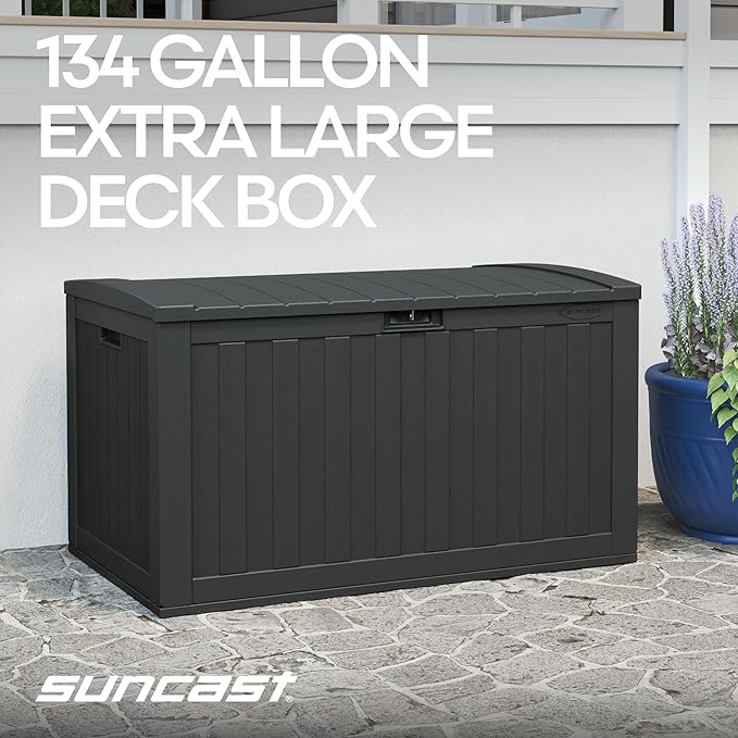Suncast 134-Gal. Waterproof Resin Extra-Large Outdoor Patio Deck Box with Pad-Lockable Lid, Modern Outdoor Patio Bench/Storage Box for Cushions, Garden Tools, and More, Iron Ore