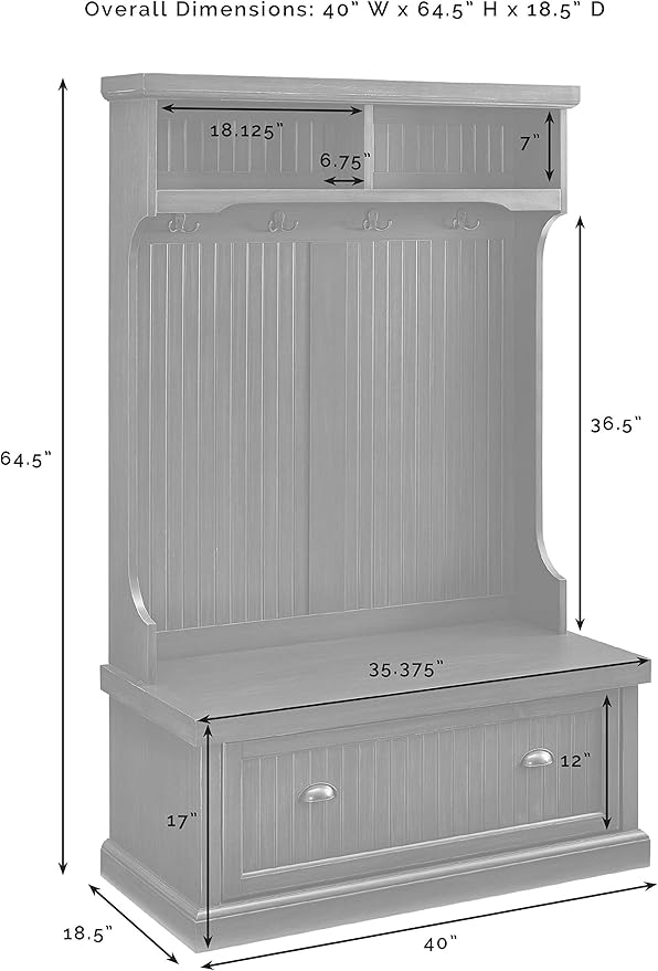 Crosley Furniture Seaside Hall Tree with Shoe Rack Bench and Coat Hooks for Hanging Storage, Distressed Black