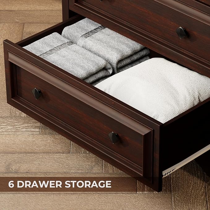 Farmhouse 6 Drawer Dresser, 48" Tall Dresser Chest of Drawers with Natural Texture & Metal Handles, Storage Dressers Organizer for Bedroom, Living Room, Hallway, Vintage Design (Cherry)
