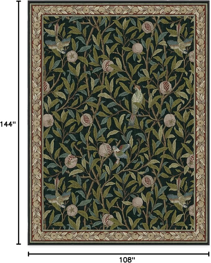 RUGGABLE x Morris & Co Washable Area Rug – Pomegranate Blue Green 9x12, Stain-Resistant, Non-Slip – Large Machine Washable Rugs for Living Room, Bedroom, Hallway, Entryway & Office–with Cushioned Pad