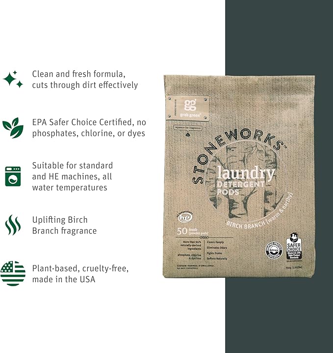 Grab Green Stoneworks Laundry Detergent Pods Sample Kit, 10 Count, Birch Branch, Fragrance Free Rain, Oak Tree, Olive Leaf, Rose Petal Scents, Plant a Tree
