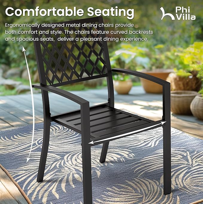 PHI VILLA Wrought Iron Patio Dining Chairs, Stackable Black Outdoor Patio Chairs Set of 6, Metal Patio Chairs, Support 300 LBS, Black